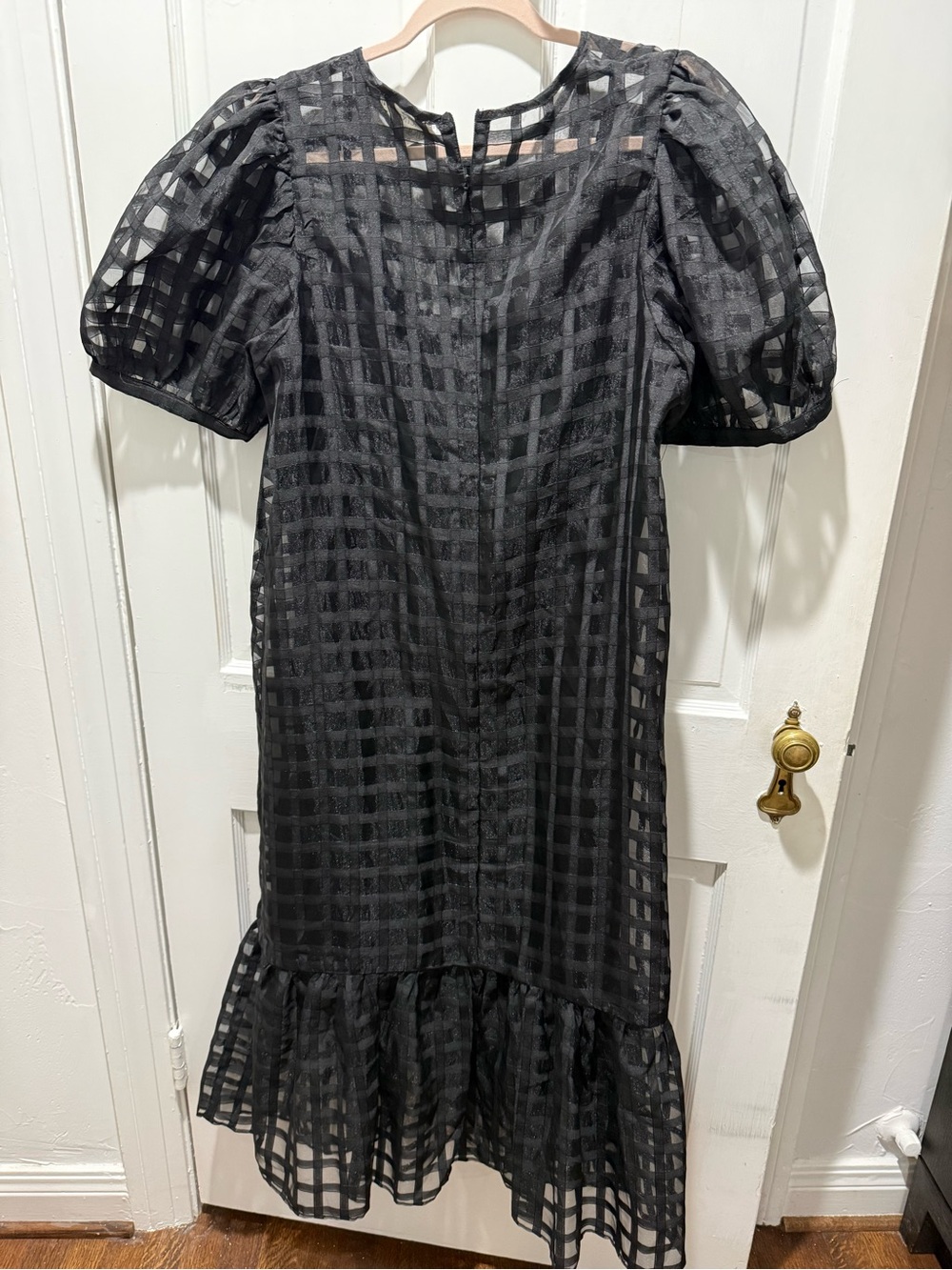 Hyacinth House Black Sheer Check Puff-Sleeve Midi Dress